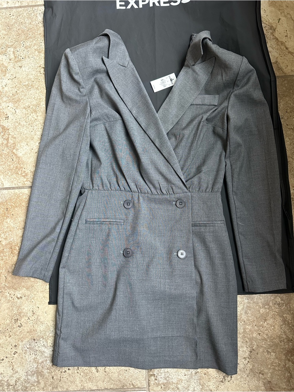 Express Gray Double-Breasted Blazer Dress with Notch Lapels